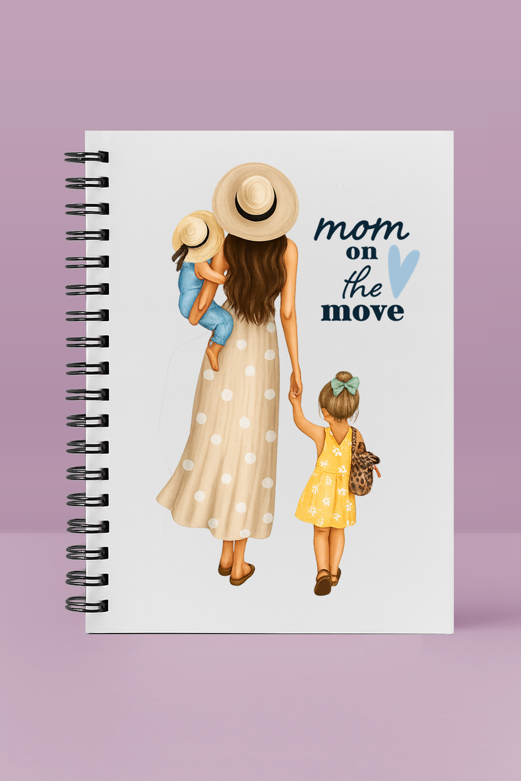 Notebook cover with illustration of a mother and two children on a purple background