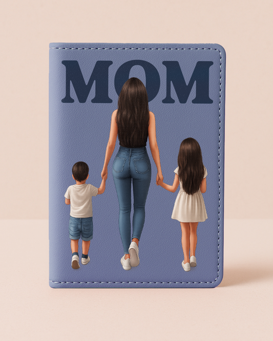 Blue passport holder with illustration of a woman and two children, and 'MOM' text.