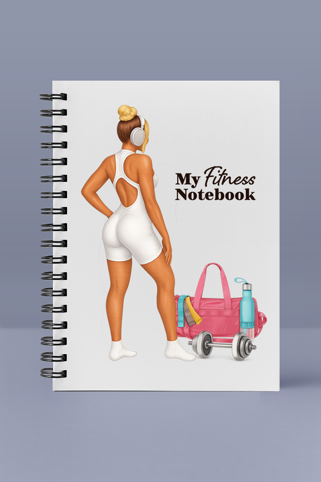 Notebook cover with a woman in a white fitness outfit and workout gear on a gray background