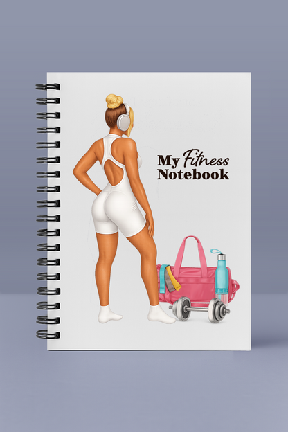 Notebook cover with a woman in a white fitness outfit and workout gear on a gray background
