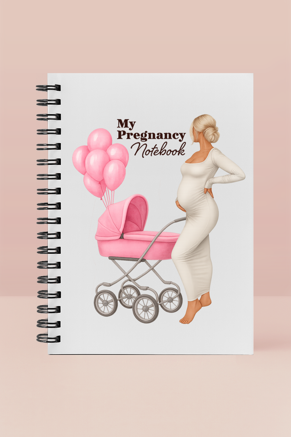 Pregnancy notebook with a pregnant woman, pink stroller, and balloons on a beige background
