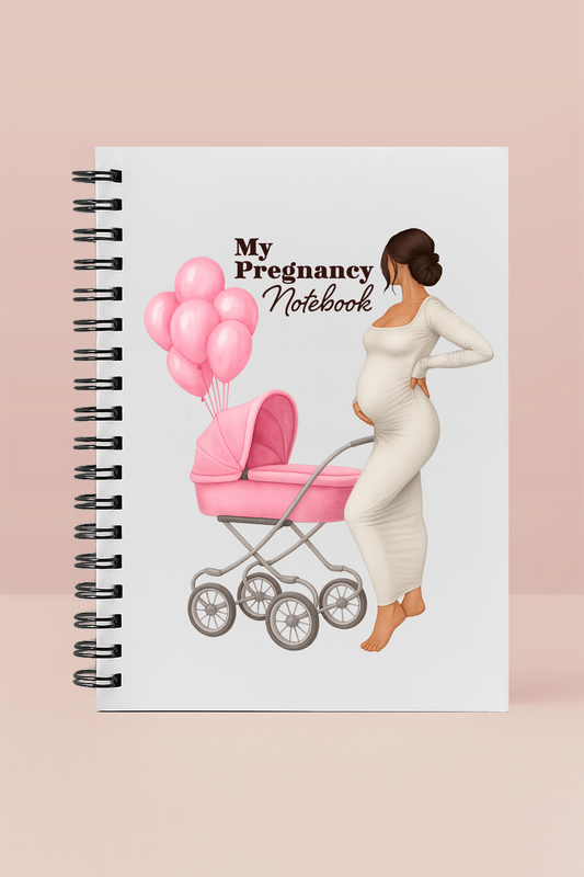 Pregnancy notebook with illustration of a pregnant woman, pink baby stroller, and balloons on a beige background.