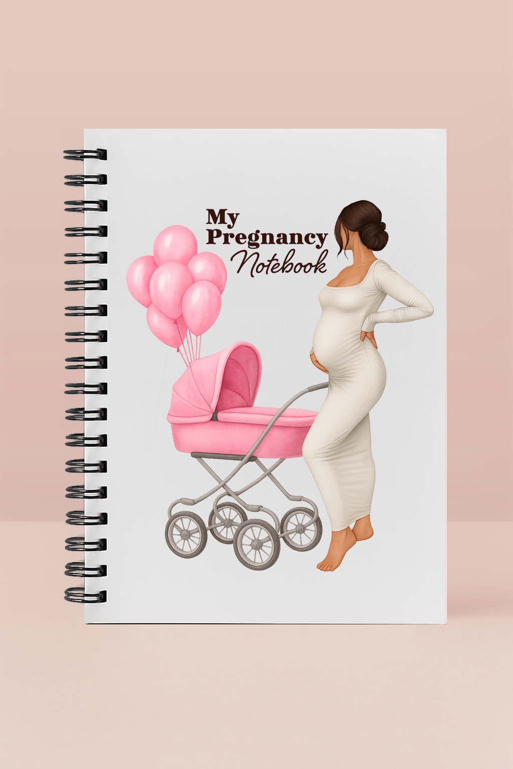 Pregnancy notebook with illustration of a pregnant woman, pink baby stroller, and balloons on a beige background.