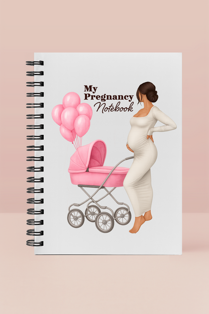 Pregnancy notebook with illustration of a pregnant woman, pink baby stroller, and balloons on a beige background.