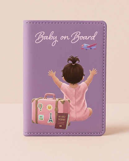 Purple card with illustration of a child and 'Baby on Board' text on a beige background