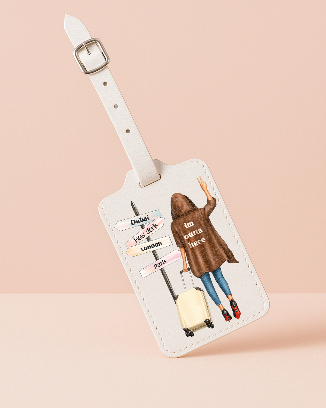 Luggage tag with a design of a person in a coat and suitcase, with text on a beige background
