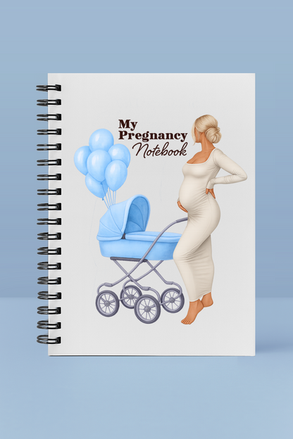 Pregnancy notebook with a pregnant woman illustration, blue baby stroller, and balloons on a light blue background.