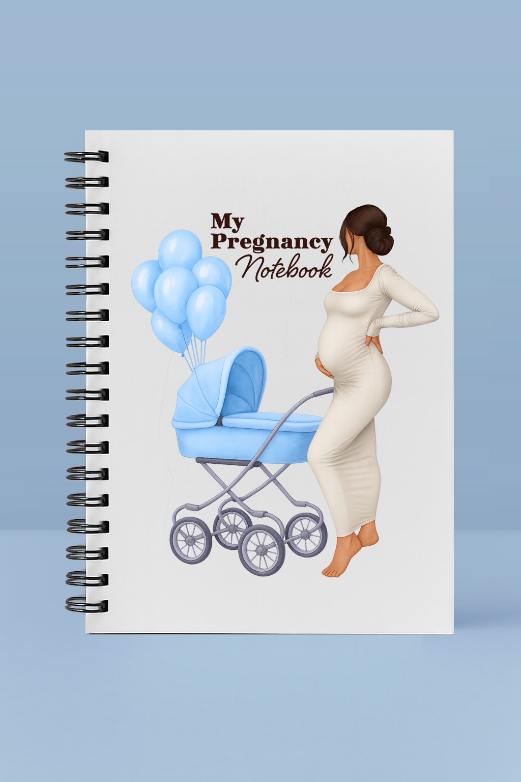 Pregnancy notebook with illustration of a pregnant woman, blue baby stroller, and balloons on a light blue background.