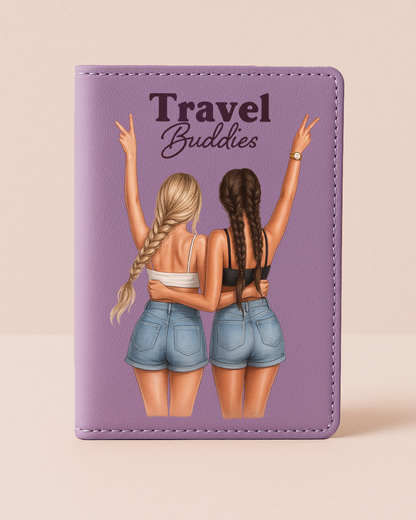 Purple passport holder with illustration of two women and 'Travel Buddies' text on a beige background